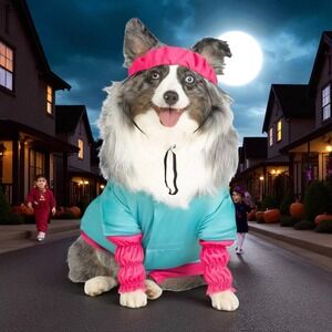 Barbie Aerobics Dog Halloween Costume Blue Pink Shirt Leg Warmers L 29-44 lbs